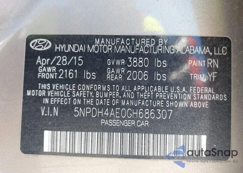2016 Hyundai Elantra Se from USA, damaged, VIN 5NPDH4AE0GH686307